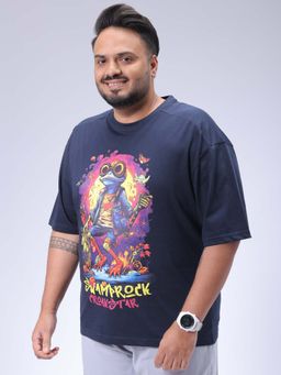 Hardsoda - By The Indian Garage Co Men Plus Size Relaxed Fit Print Round Neck T-Shirt Navy Blue