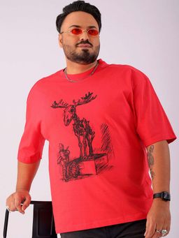 Hardsoda - By The Indian Garage Co Men Plus Size Relaxed Fit Print Round Neck T-Shirt Red