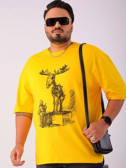 Hardsoda - By The Indian Garage Co Men Plus Size Relaxed Fit Print Round Neck T-Shirt Yellow