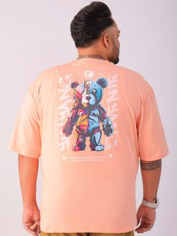 Hardsoda - By The Indian Garage Co Men Plus Size Relaxed Fit Print Round Neck T-Shirt Peach