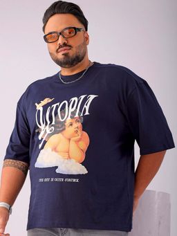 Hardsoda - By The Indian Garage Co Men Plus Size Relaxed Fit Print Round Neck T-Shirt Navy Blue