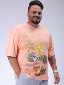 Hardsoda - By The Indian Garage Co Men Plus Size Relaxed Fit Print Round Neck T-Shirt Pink