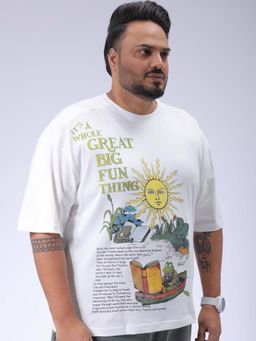 Hardsoda - By The Indian Garage Co Men Plus Size Relaxed Fit Print Round Neck T-Shirt White