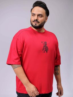 Hardsoda - By The Indian Garage Co Men Plus Size Relaxed Fit Print Round Neck T-Shirt Red