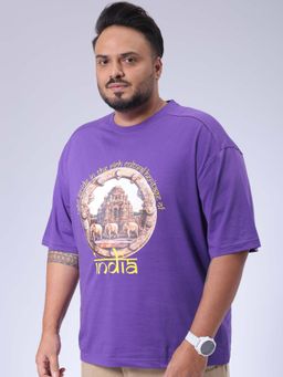 Hardsoda - By The Indian Garage Co Men Plus Size Relaxed Fit Print Round Neck T-Shirt Purple