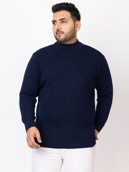 Kvetoo - Navy Blue Men Plus Size High Neck Sweater