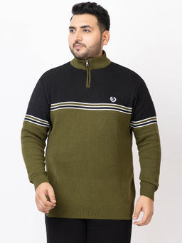 Kvetoo - Men Green Plus Size High Neck Zipper Sweater