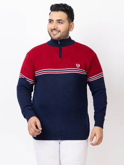 Kvetoo - Men Blue Plus Size High Neck Zipper Sweater