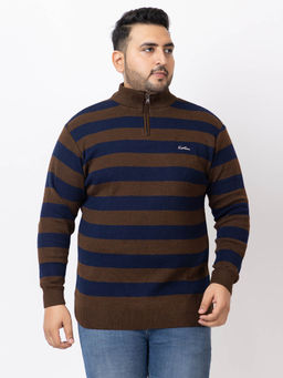 Kvetoo - Men Plus Size High Neck Zipper Multi Color Sweater