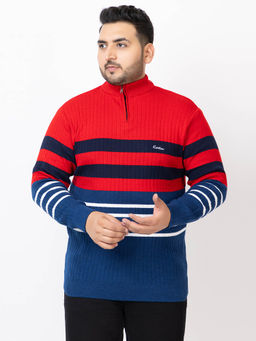 Kvetoo - Men Plus Size High Neck Zipper Multi-Color Sweater