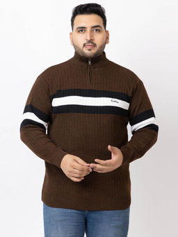 Kvetoo - Men Plus Size High Neck Zipper Brown Sweater