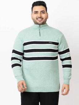 Kvetoo - Men Plus Size High Neck Zipper Green Sweater