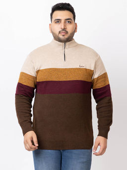 Kvetoo - Men Plus Size High Neck Zipper Multicolour Sweater