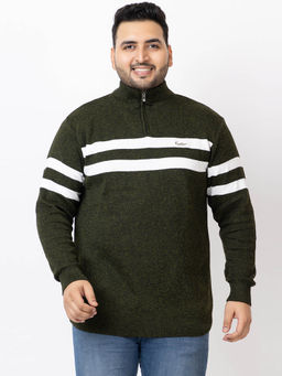 Kvetoo - Men Plus Size High Green Neck Zipper Sweater