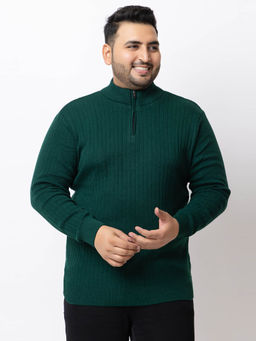 Kvetoo - Men Plus Size High Neck Green Zipper Sweater