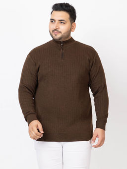 Kvetoo - Men Plus Size High Neck Brown Zipper Sweater
