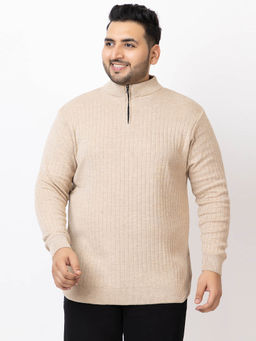 Kvetoo - Men Plus Size High Neck Cream Zipper Sweater