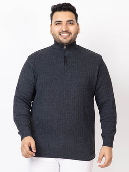 Kvetoo - Men Plus Size High Neck Black Zipper Sweater