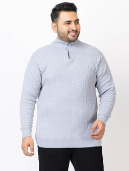 Kvetoo - Men Plus Size High Neck Grey Zipper Sweater