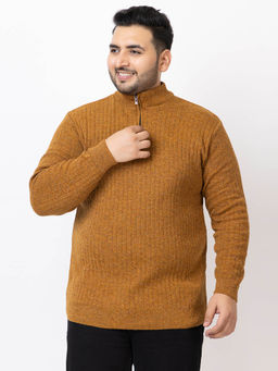 Kvetoo - Men Plus Size High Neck Mustard Zipper Sweater