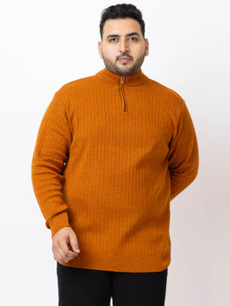 Kvetoo - Men Plus Size High Neck Rust Zipper Sweater