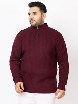 Kvetoo - Men Plus Size High Neck Wine Zipper Sweater