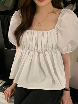 Outzidr - White Square Neck Puff Sleeves Peplum Top
