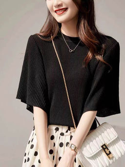 Outzidr - Black Plisse Flared Sleeves Top