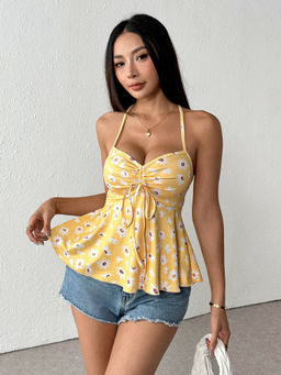 Outzidr - Yellow Halter Neck Front Ruched Top