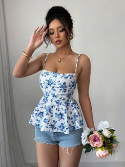 Outzidr - Blue Shoulder Strap Floral Print Flared Top