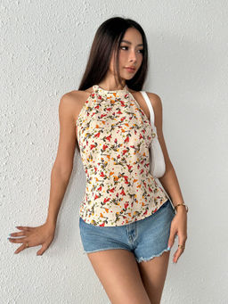 Outzidr - Cream Printed Halter Neck Backless Top