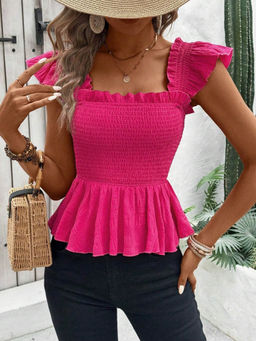 Outzidr - Pink Front Bust Ruched Ruffle Top