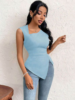 Outzidr - Light Blue Sleeveless Asymmetrical Hem Top