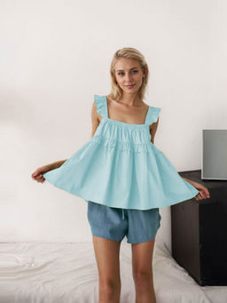 Outzidr - Blue Ruffle Sleeve Square Neck Top