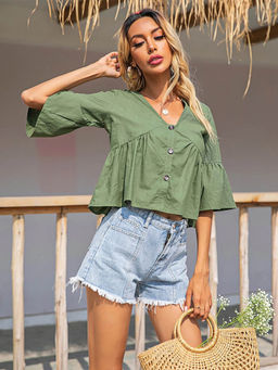 Outzidr - Green Ruffle Sleeve Front Button Top
