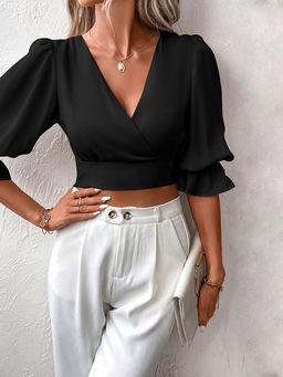 Outzidr - Black Ruffle Sleeve V-Neck Top