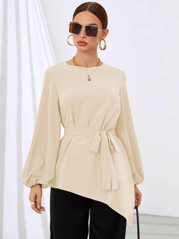 Outzidr - Cream Bishop Sleeve Asymmetrical Hem Top