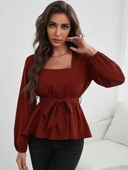 Outzidr - Red Bishop Sleeve Waist Tie-Up Top With Belt