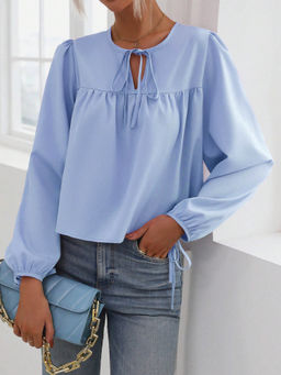 Outzidr - Blue Neck & Sleeves Tie Up Detail Top
