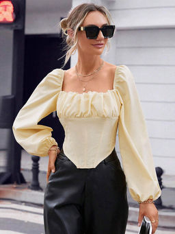 Outzidr - Yellow Solid Corset Top Ruched Top