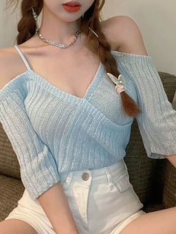 Outzidr - Blue Cold Shoulder Flat Knit Top