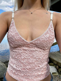 Outzidr - Pink Self Design Lace Camisole