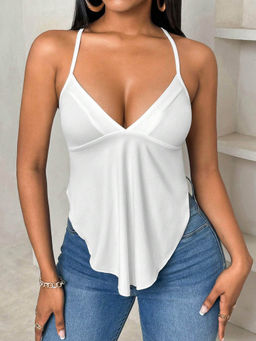 Outzidr - White Spaghetti Strap Back Tie-Up Top