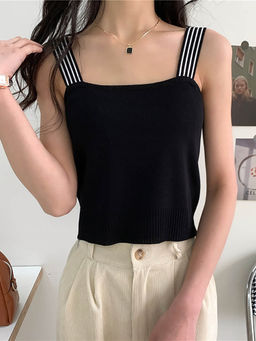 Outzidr - Black Square Neck Stripes Strapped Top