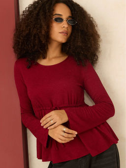 Outzidr - Maroon Round Neck Peplum Full Sleeves Top