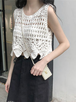 Outzidr - White Crochet Vacay Knitted Top