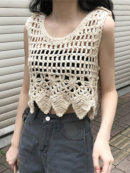 Outzidr - Beige Crochet Vacay Knitted Top