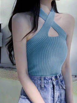 Outzidr - Blue Halter Criss Cross Flat Knit Tank Top