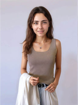 Outzidr - Brown Solid Wide Strapped Tank Top