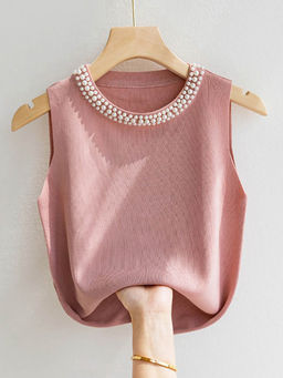 Outzidr - Pink Pearl Studded Tank Top